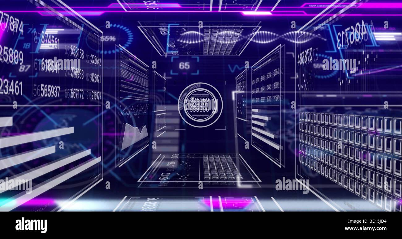 Projecting central circular HUD displaying numeric codes in neon data corridor, with digit strings Stock Photo