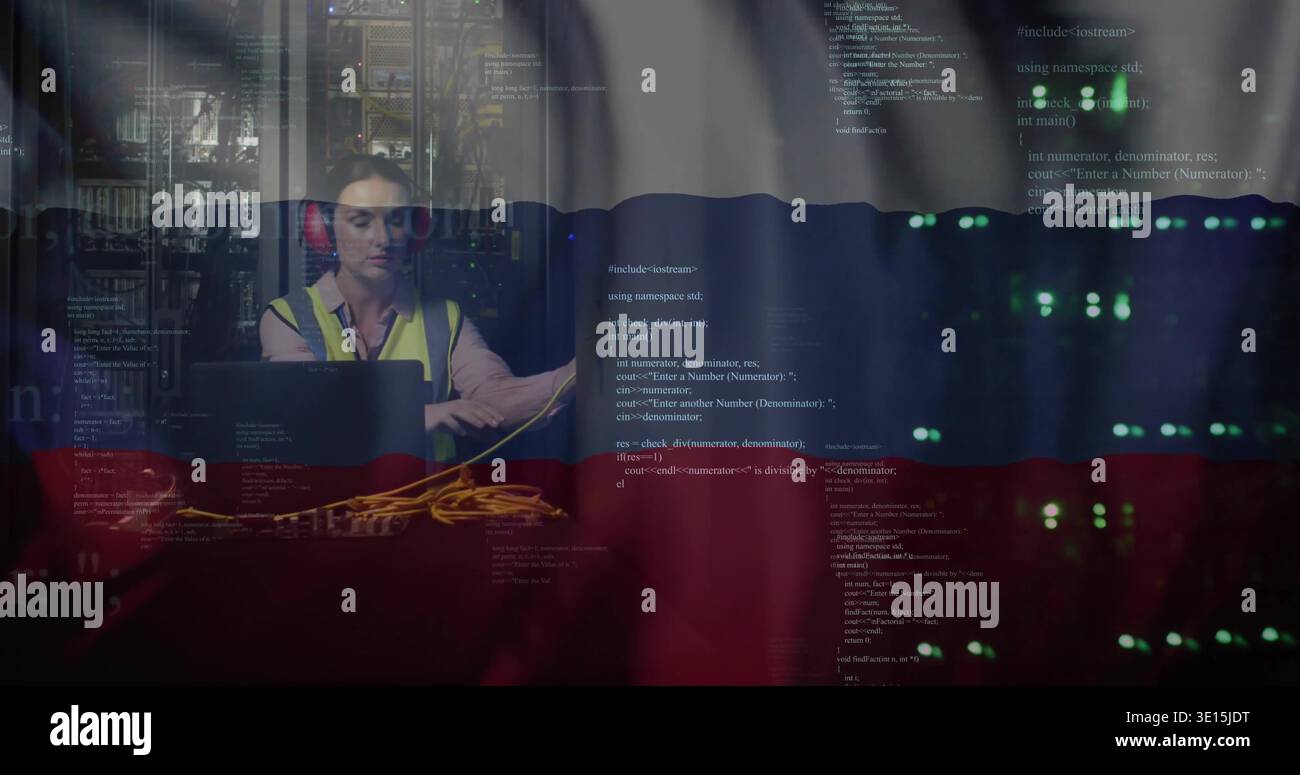 Fixing tech hi-vis red muffs patching yellow LAN cables using laptop near server LEDs, code overlay Stock Photo