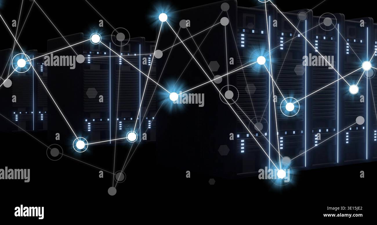 Displaying rack-mounted servers glowing inside data center, with LED status strips, network overlay Stock Photo