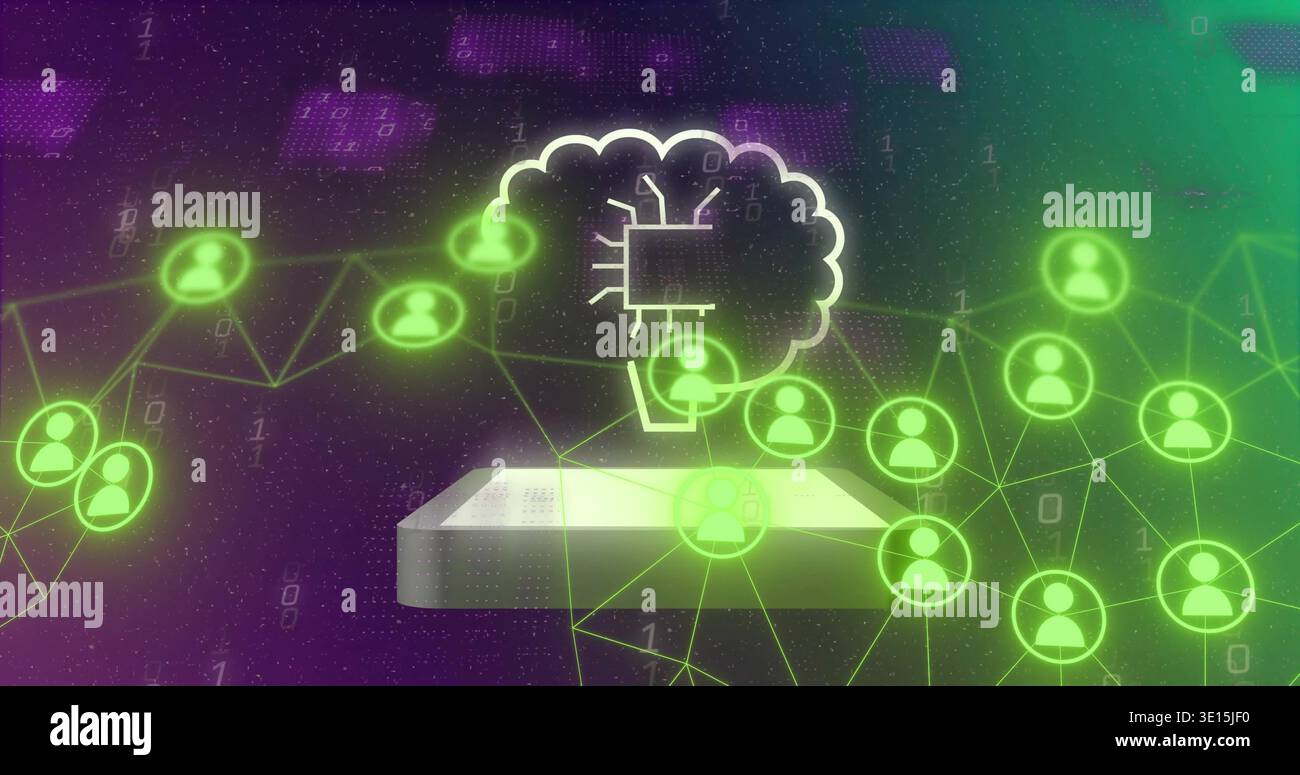 Hovering brain cloud displaying microchip above rectangular platform in data space with neon nodes Stock Photo