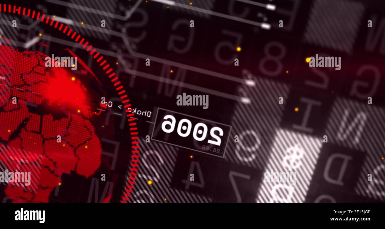 Displaying red globe occupying left on digital backdrop, featuring HUD ring, hex mesh, copy space Stock Photo