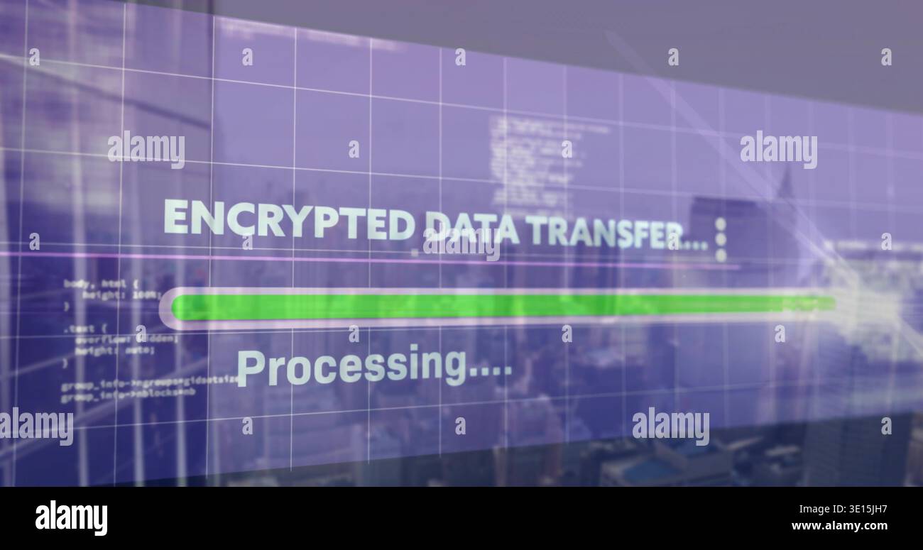 Displaying translucent panel showing ENCRYPTED DATA TRANSFER with green progress bar in dashboard Stock Photo