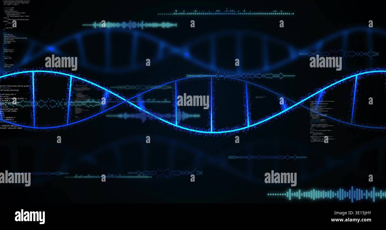 Displaying glowing blue DNA double helix across holographic lab UI, showing code and waveforms Stock Photo