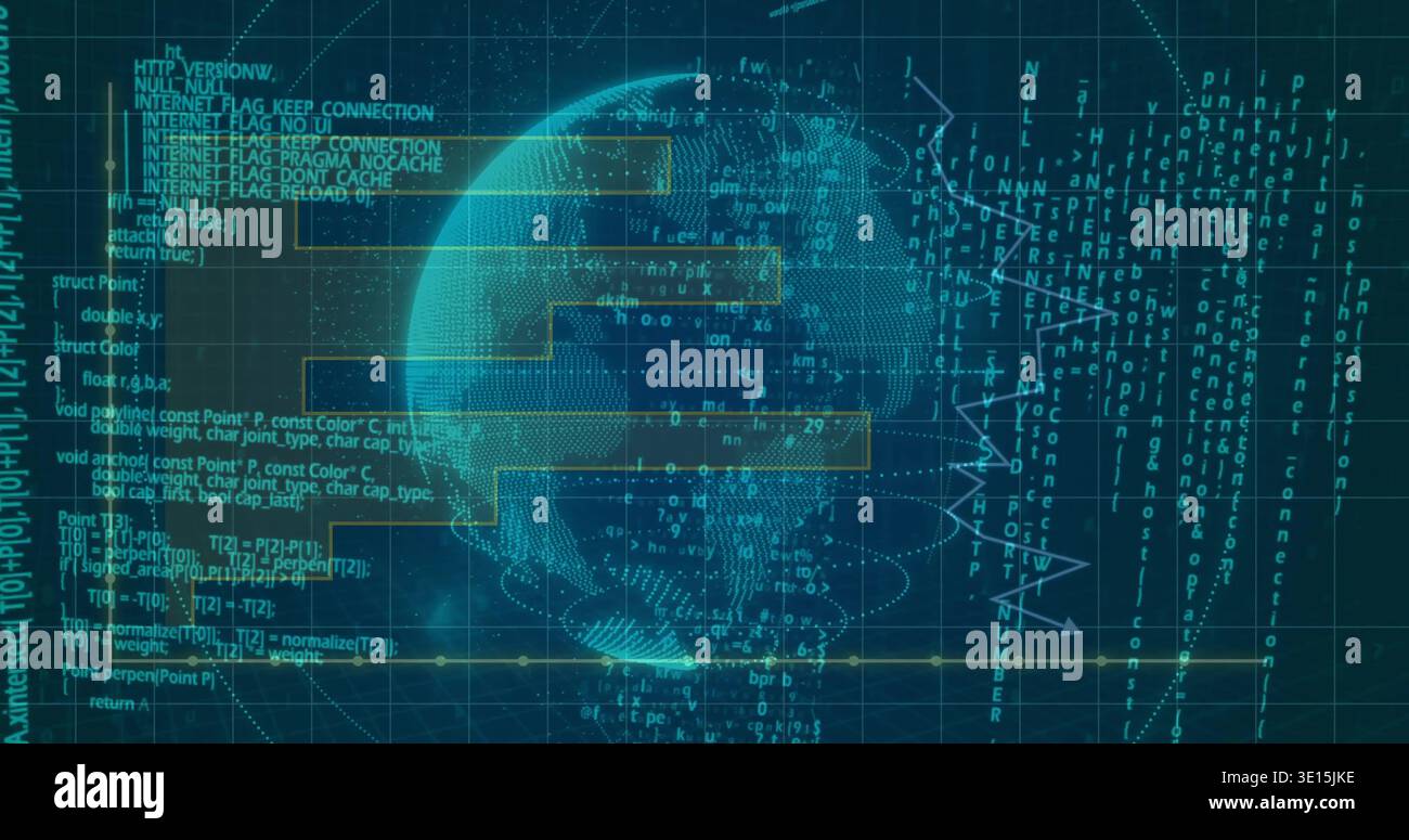 Rotating central dotted globe mesh displaying code, streams, UI panels on dashboard Stock Photo