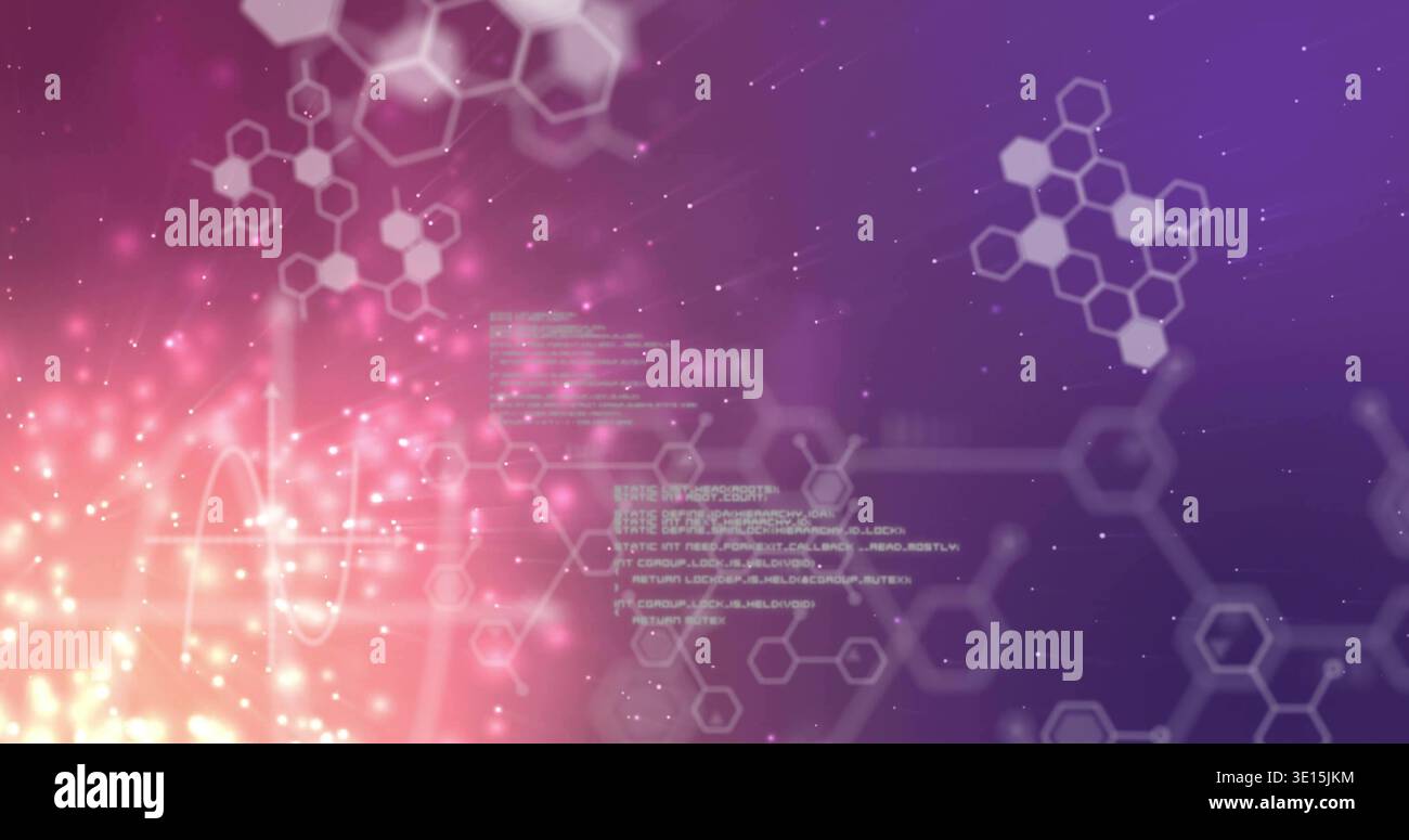 Displaying centered molecular data viz in purple-pink gradient, with hexagon network, code block Stock Photo