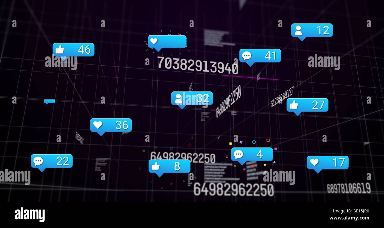 Floating blue notification bubbles moving through virtual 3D grid, showing icons and counters Stock Photo