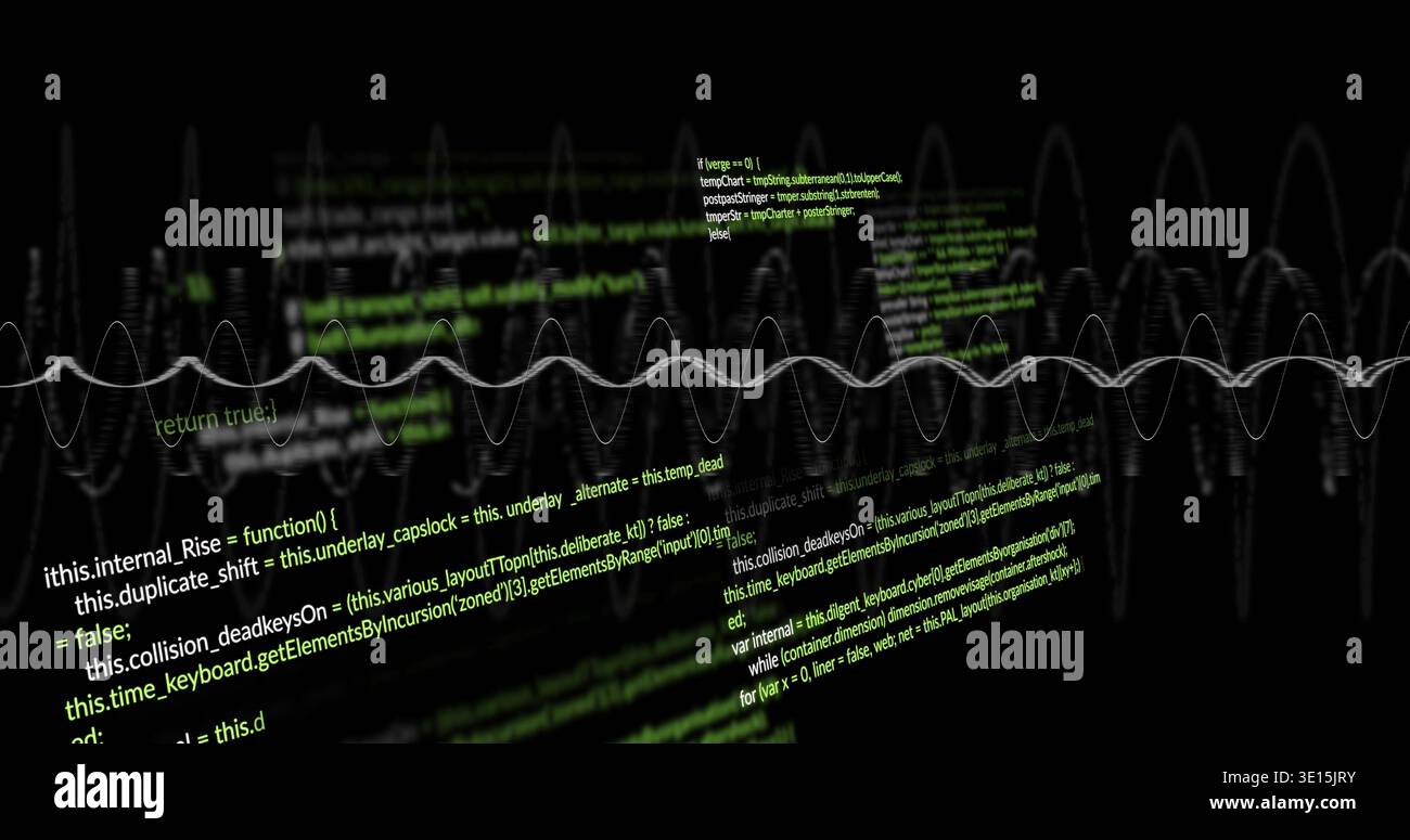 Displaying central white sine wave in black UI, showing floating green syntax code and ghost waves Stock Photo