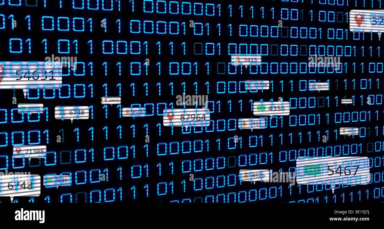 Displaying dense blue binary grid with translucent numeric label boxes and map-pin icons on display Stock Photo