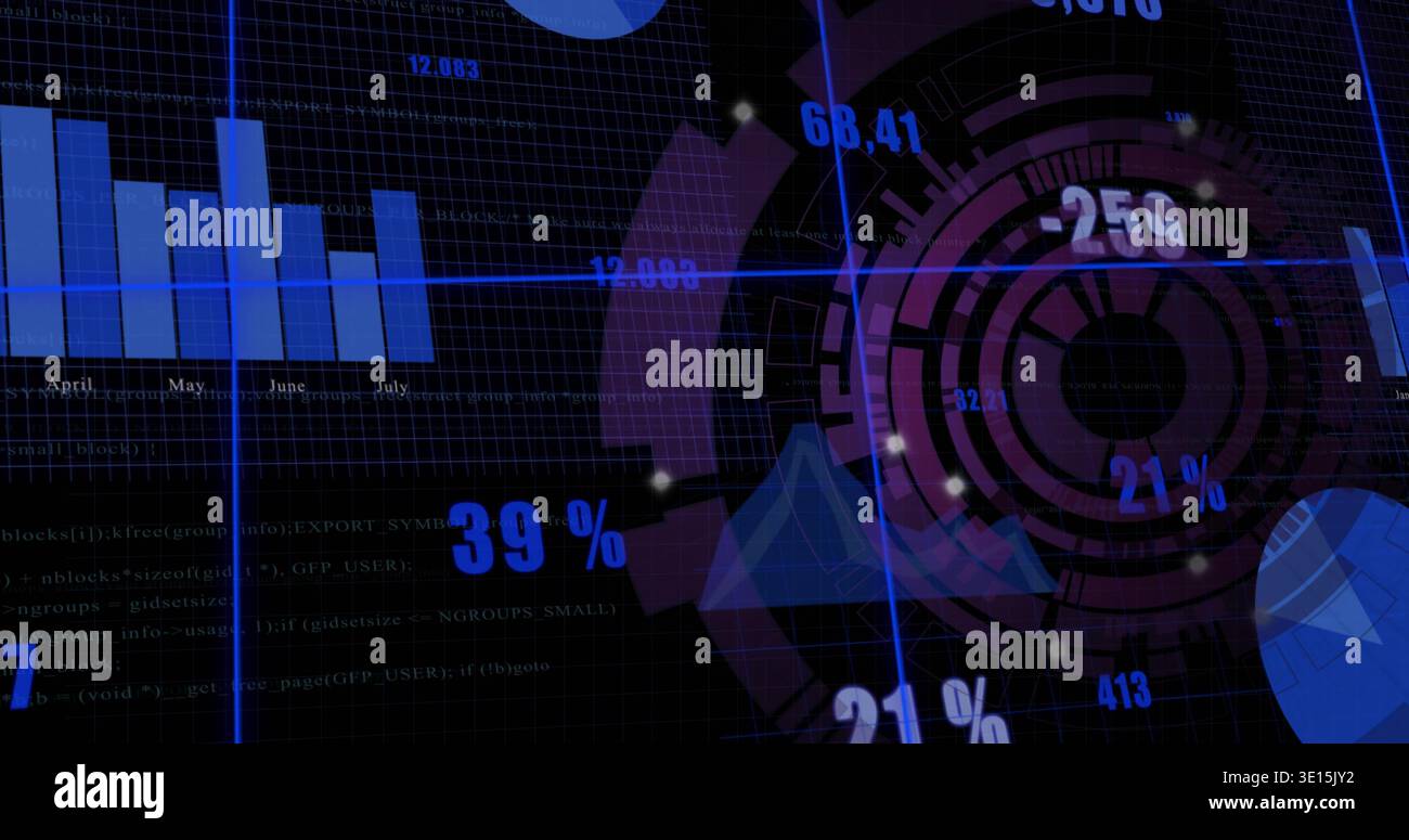 Displaying data dashboard overlay on black grid, showing circular HUD, bar chart, numeric labels Stock Photo