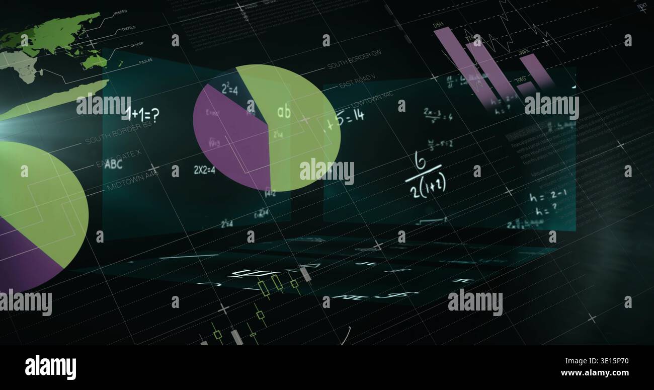 Showing overlapping translucent pie charts rotating in virtual grid, with pink bars and math notes Stock Photo