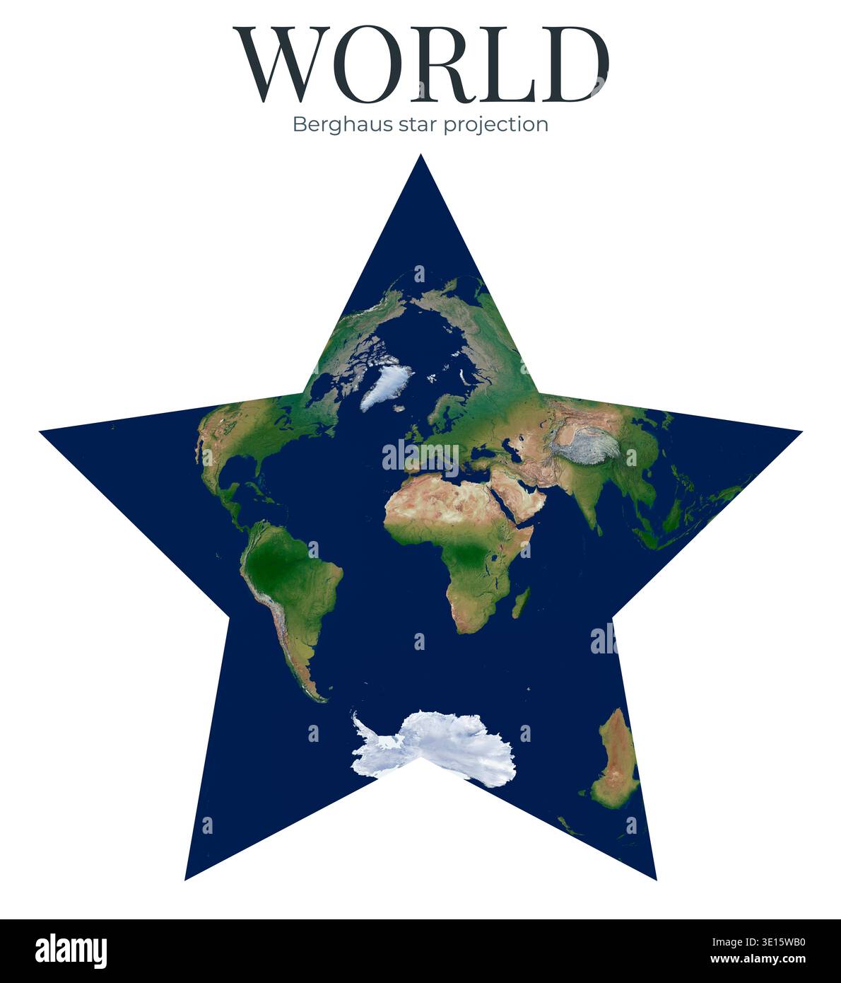 Physical Projection World map. Berghaus star projection. High detail physical map of the ...