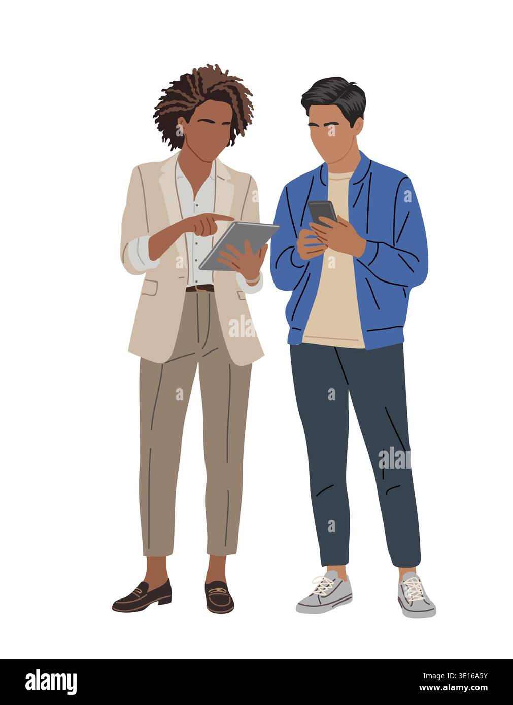 Two people stand close engaged with digital device Stock Vector
