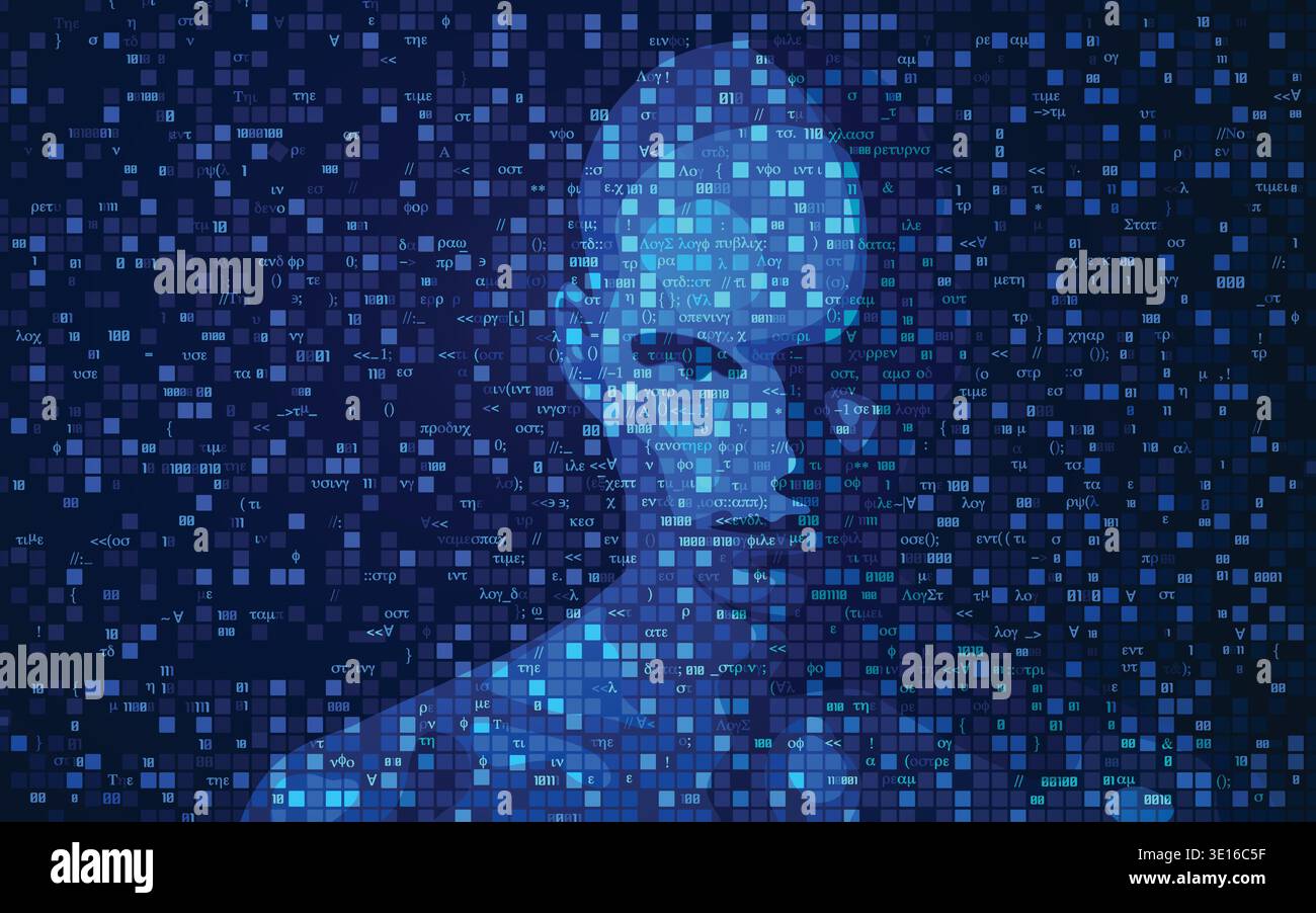 concept of artificial intelligence or AI, shape of a man combined with programming code Stock Vector