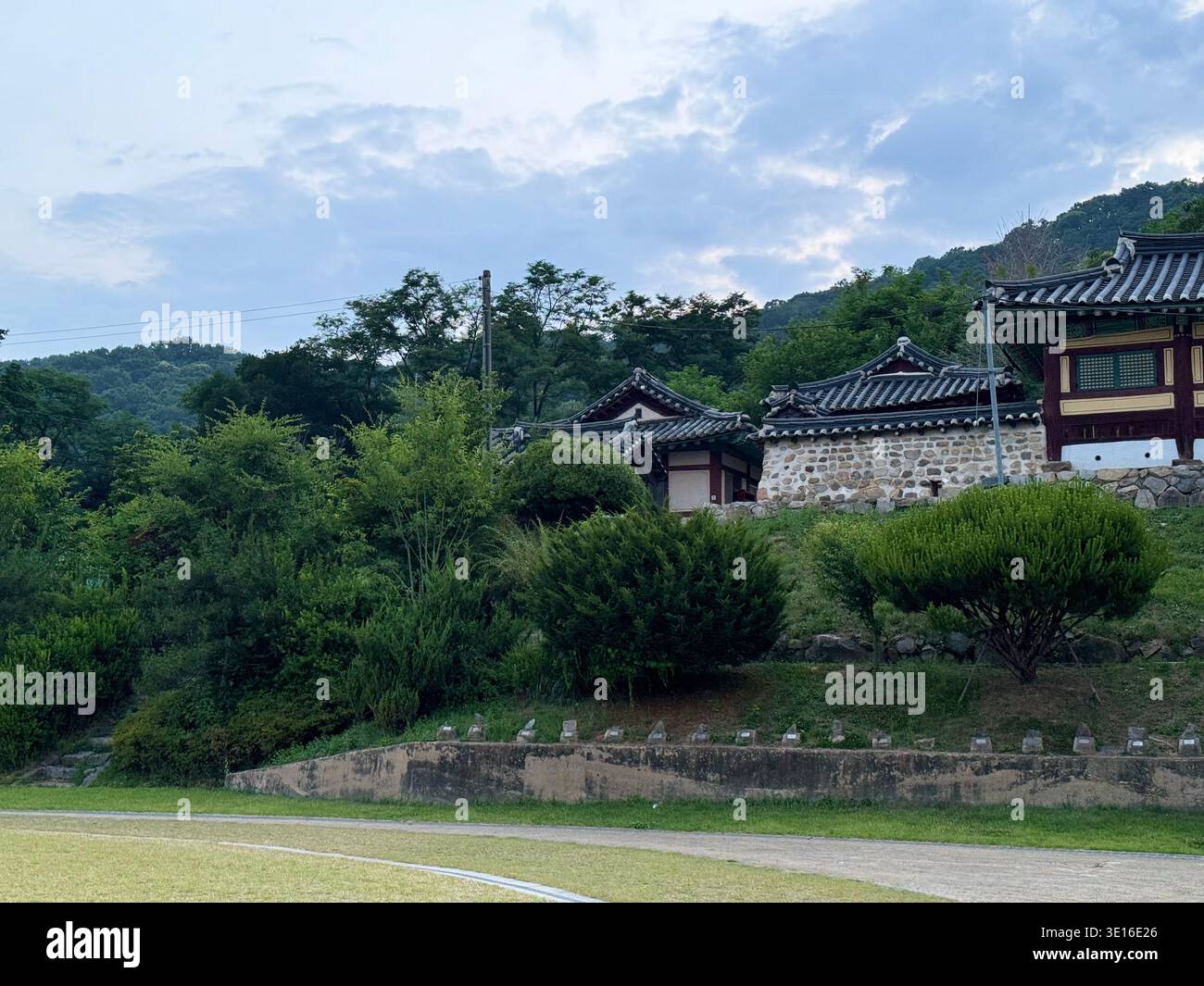 Traditional Korean hanok houses on hillside, tiled roofs, stone walls, green trees, South Korea - Smartphone Captured Stock Image