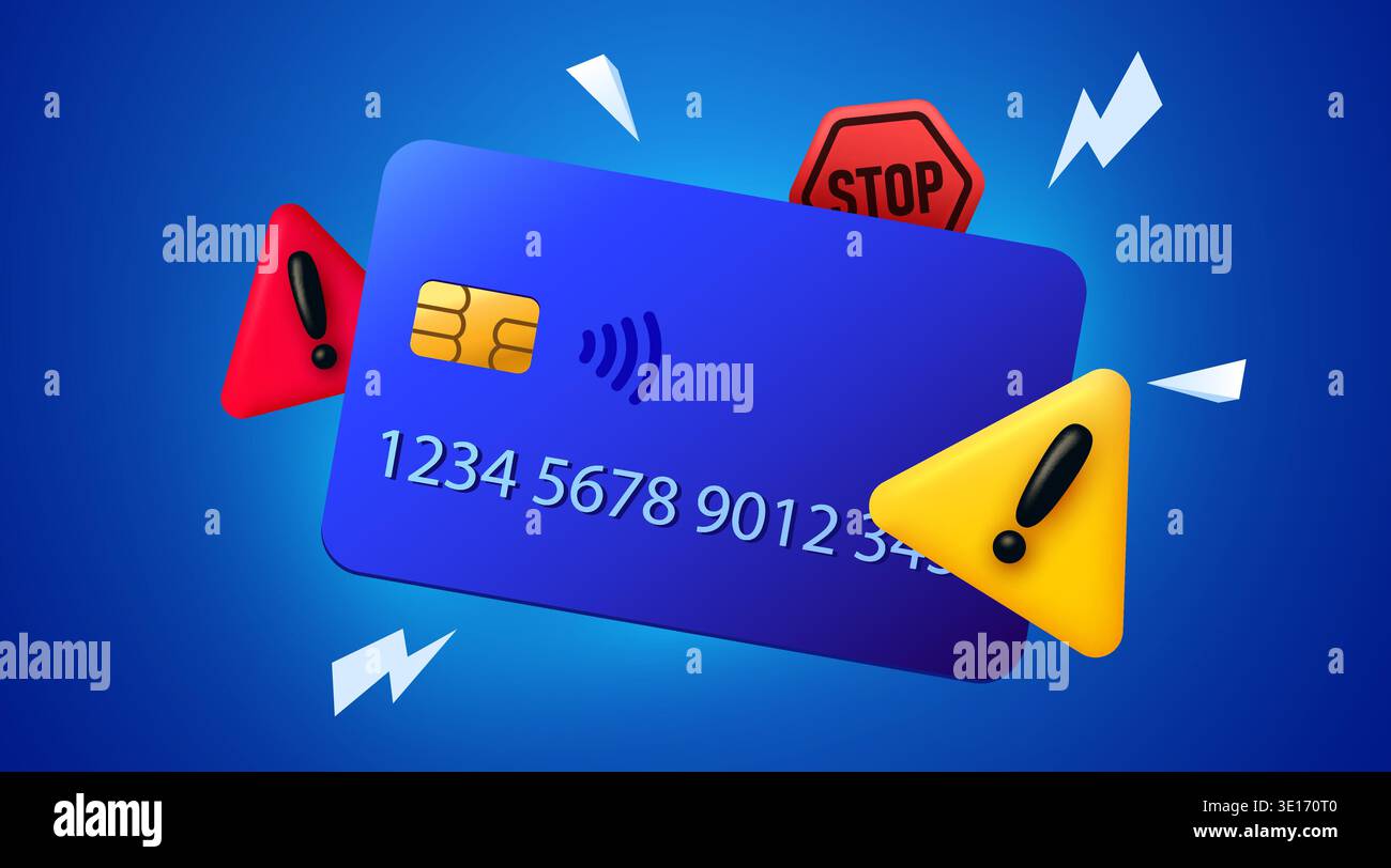 Credit card payment error with warning and stop signs, illustrating financial security issues. Vector illustration. Stock Vector