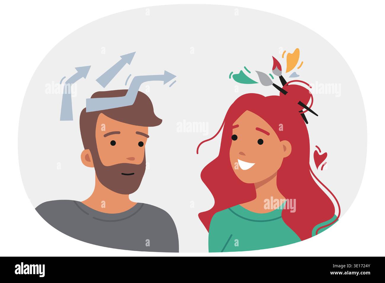 People with analytical and creative minds, using differences in thinking to brainstorm Stock Vector