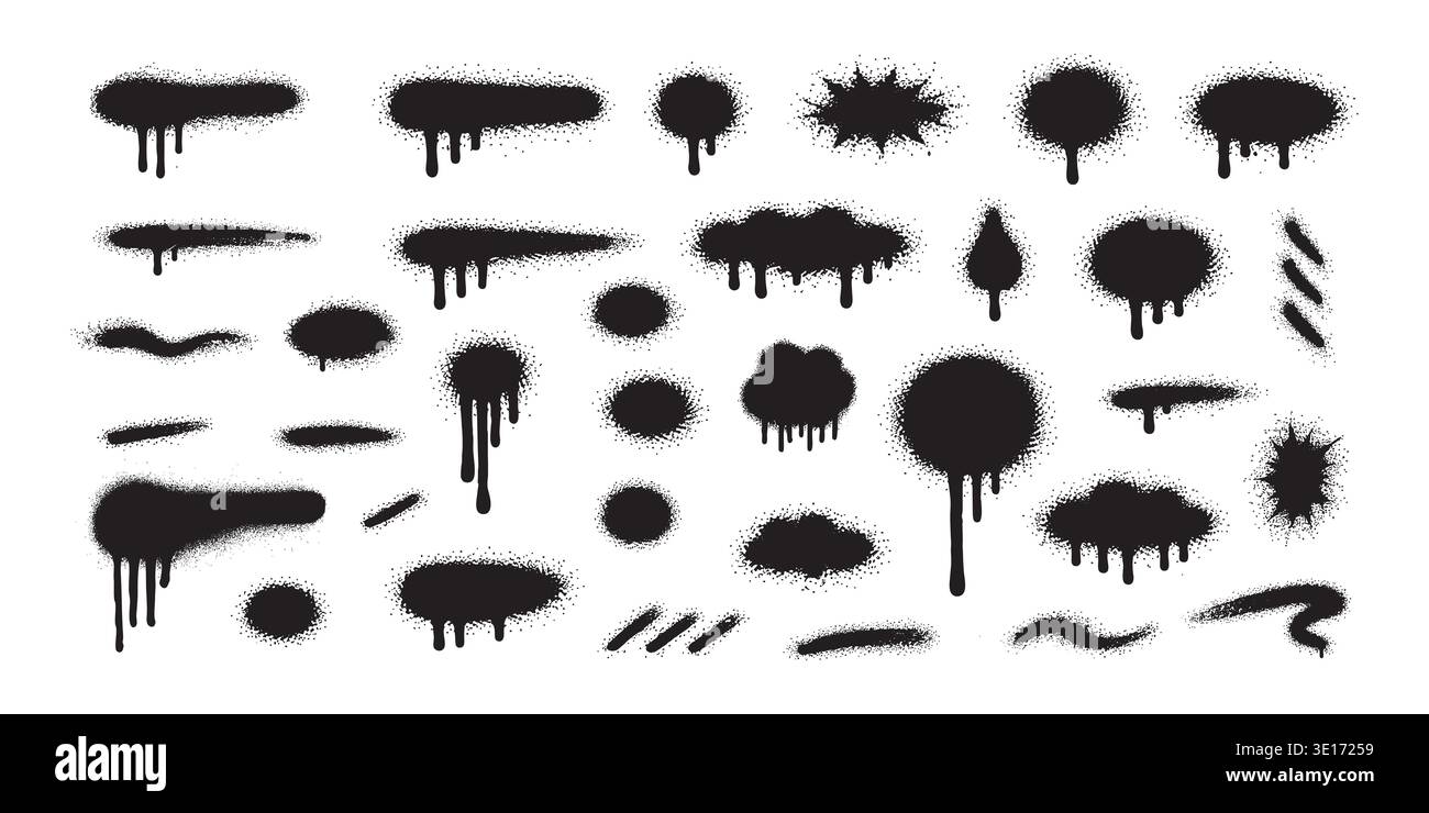 Graffiti spray paint splatter set with drips and stains, urban street art stencil collection of black aerosol marks, grunge texture elements for Stock Vector