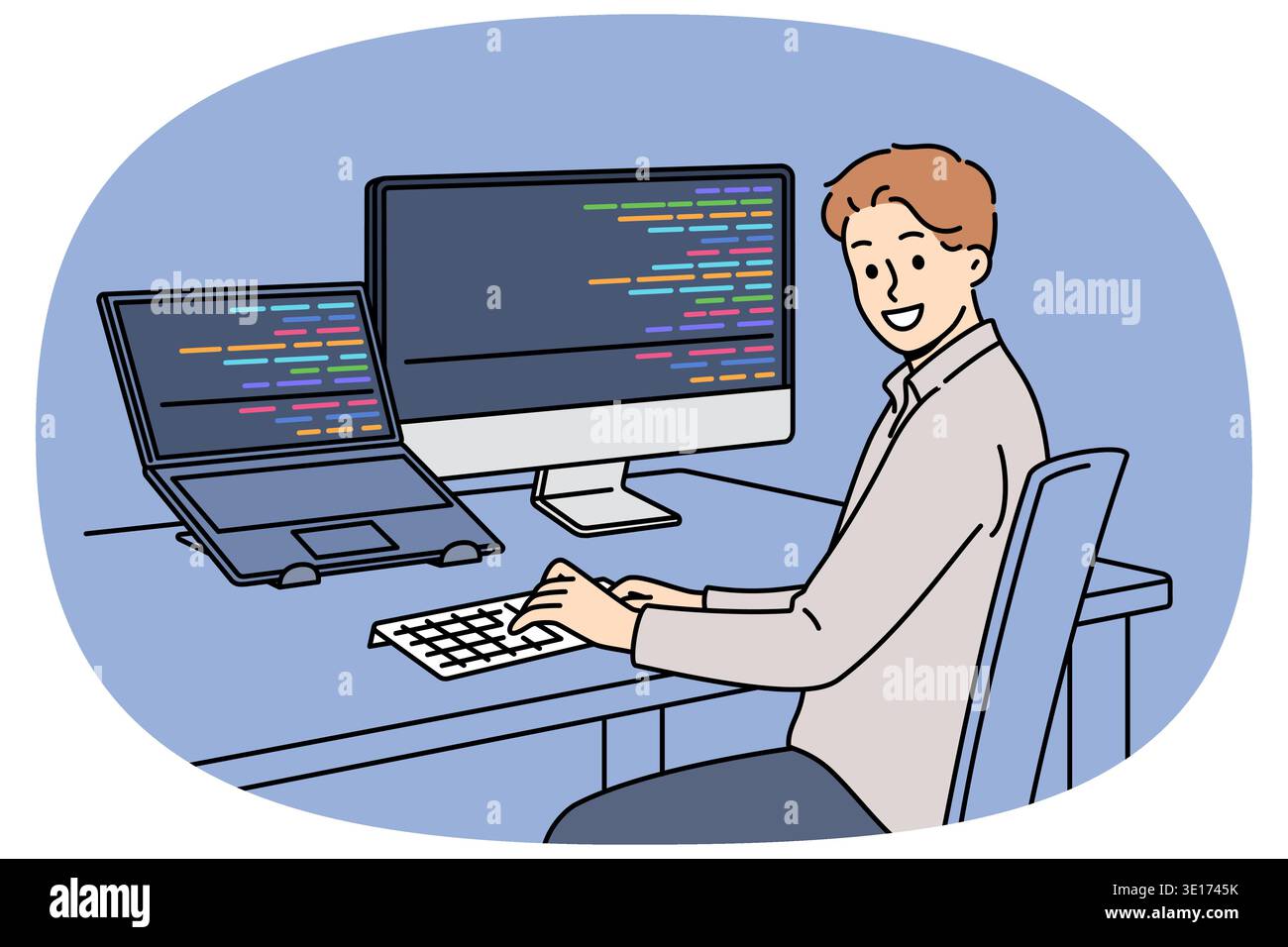 Man programmer types code and looks at camera, sitting at table with computer and laptop. Successful guy programmer develops software or application, working in team with UI or UX designers Stock Vector