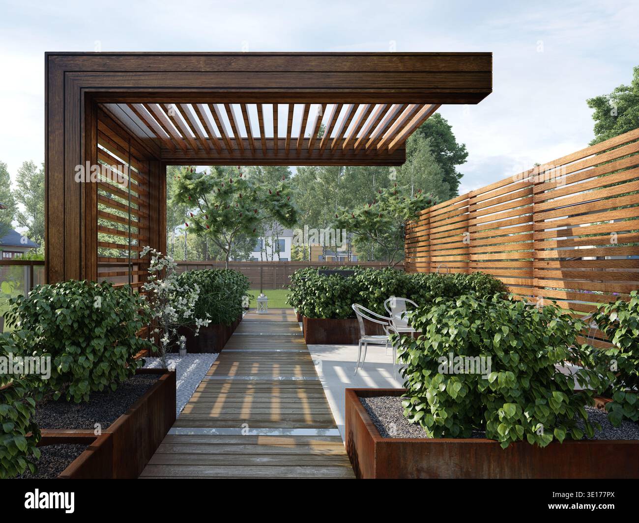 A 3D rendering of a modern outdoor terrace featuring a wooden pergola ...