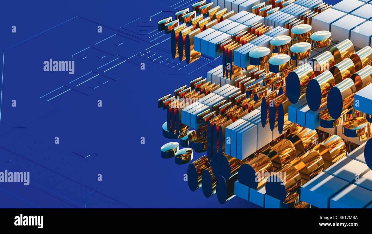 This visual presents a 3D design featuring circuit technology shapes in blue. Stock Photo