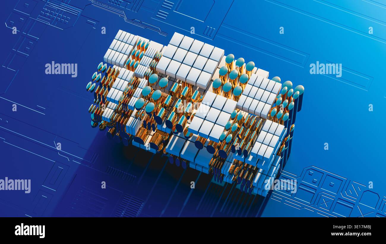 This visual presents a 3D design featuring circuit technology shapes in blue. Stock Photo