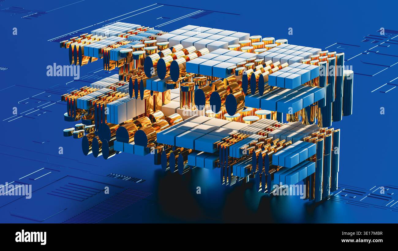 This visual presents a 3D design featuring circuit technology shapes in blue. Stock Photo