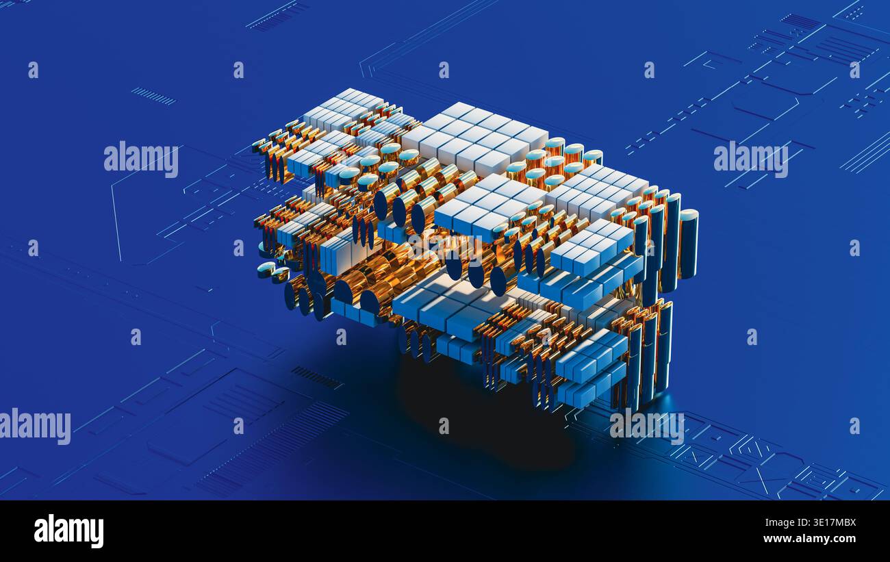 This visual presents a 3D design featuring circuit technology shapes in blue. Stock Photo