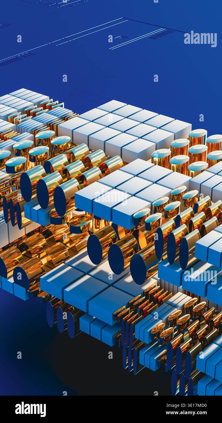 This visual presents a 3D design featuring circuit technology shapes in blue. Stock Photo