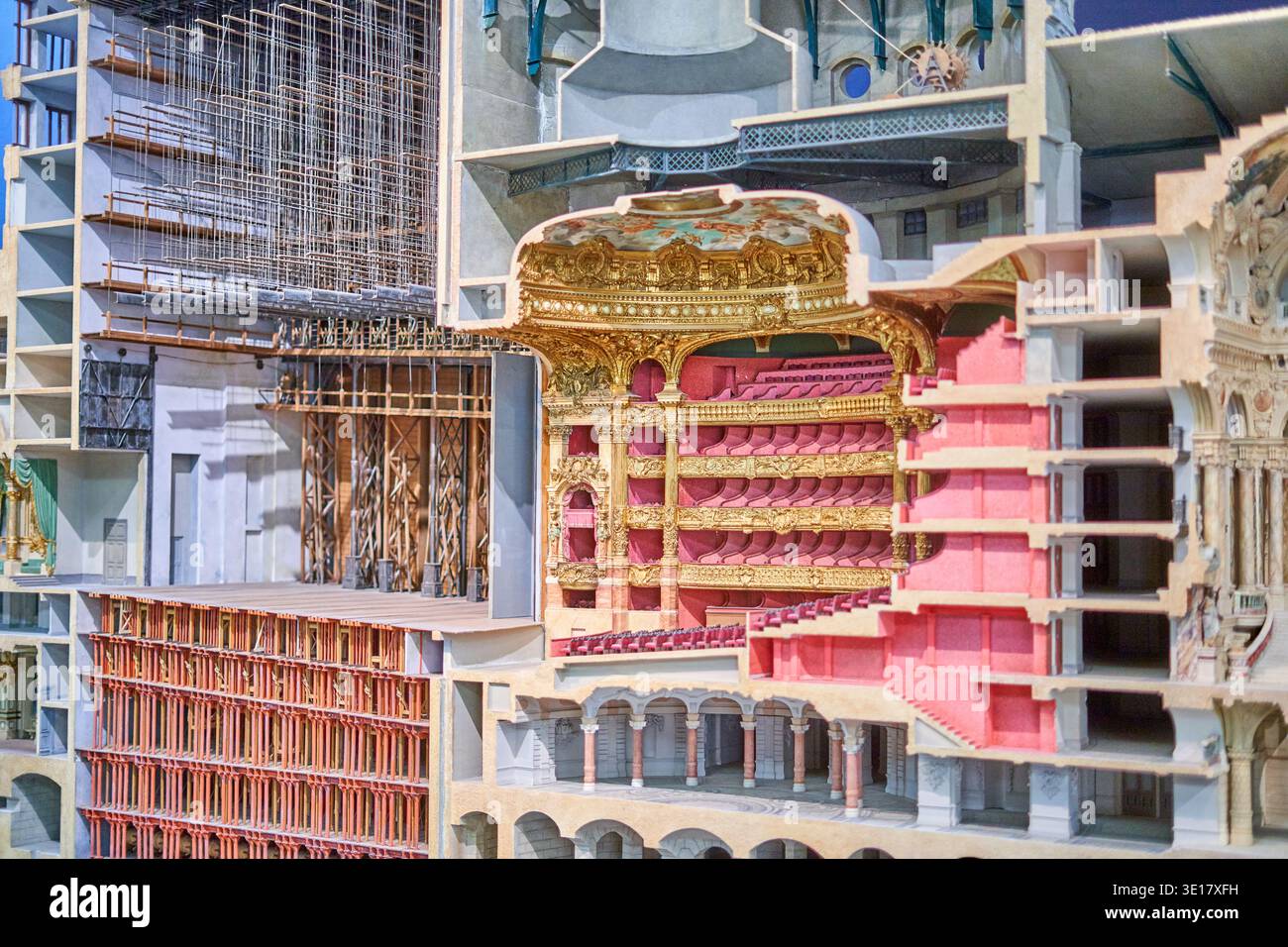 This close-up image showcases a detailed architectural cross-section model of the Palais Garnier (Paris Opera House) in Paris, France. The... Stock Photo