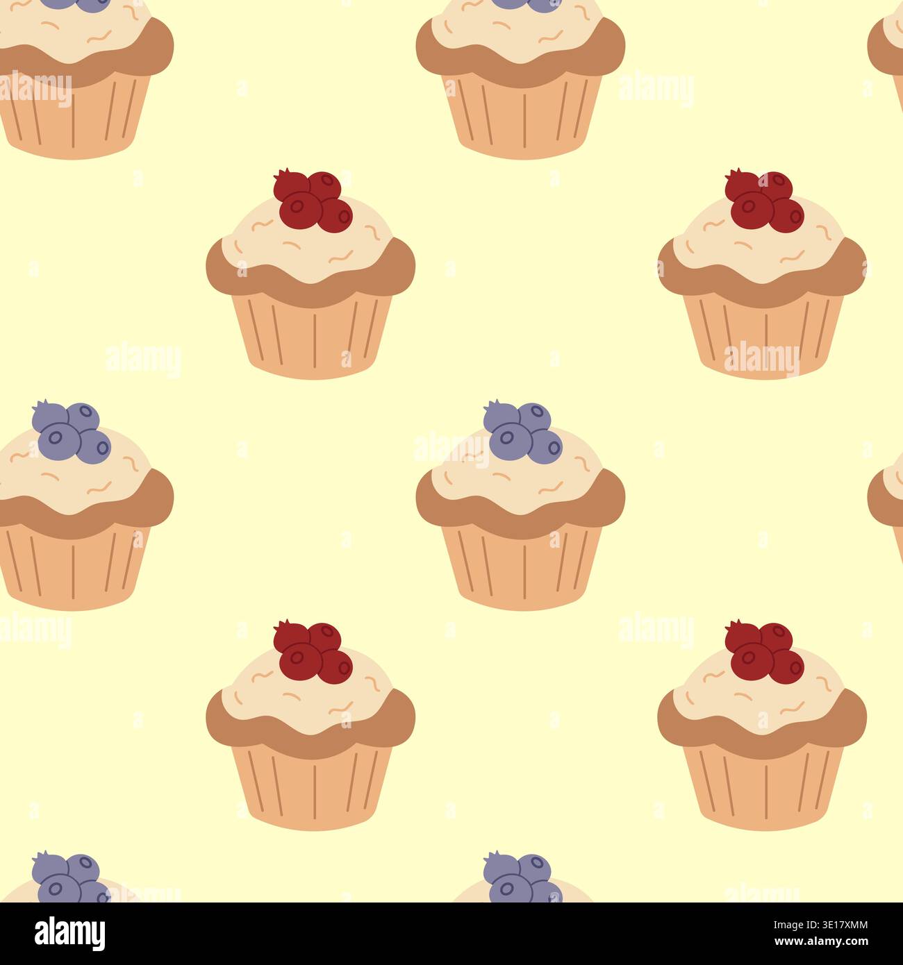 Sweet cupcakes with berries seamless pattern vector illustration. Stock Vector