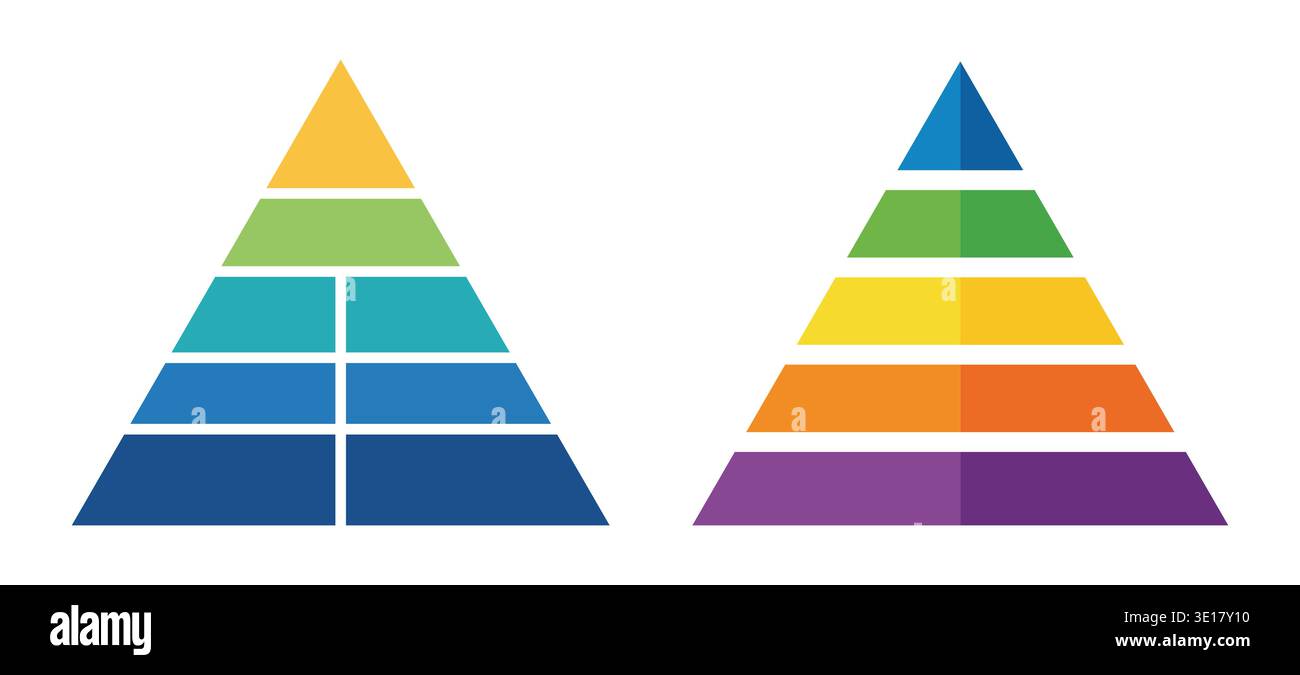 6 Layer Pyramid Chart Infographic Horizontal and Vertical Split Variation in Flat Vector Style. Stock Vector