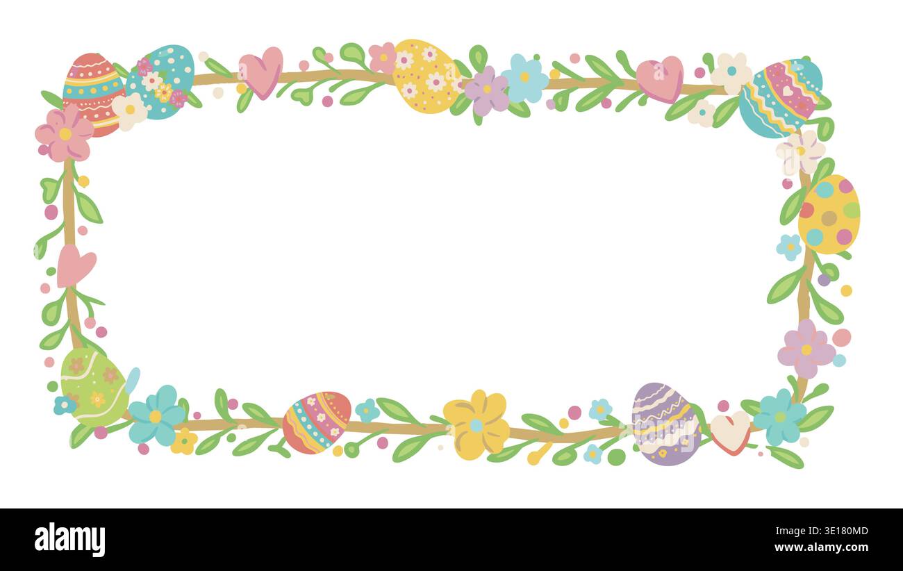Cute Easter frame with decorated eggs and spring flowers Stock Vector