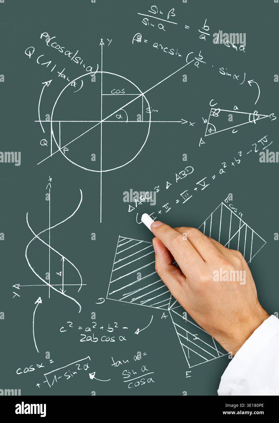 Write Maths Research scientist writing maths diagrams and formulas with chalk on ...