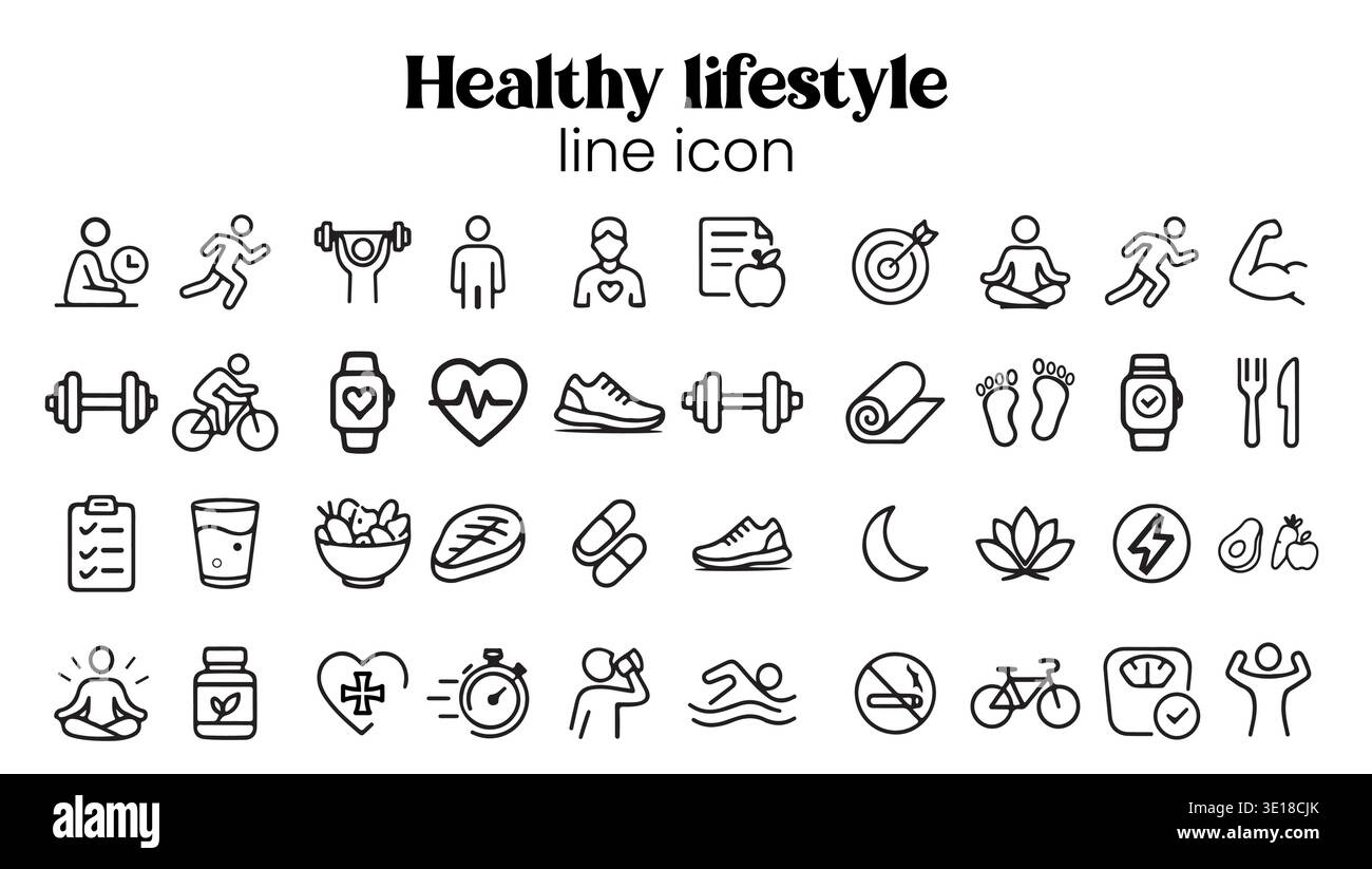 Healthy Lifestyle Line Icon Set - Wellness and Fitness Vector ...