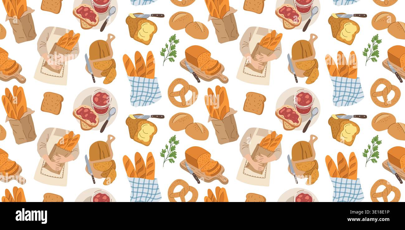 Large bakery seamless pattern with assorted breads pretzels and toast vector Stock Vector