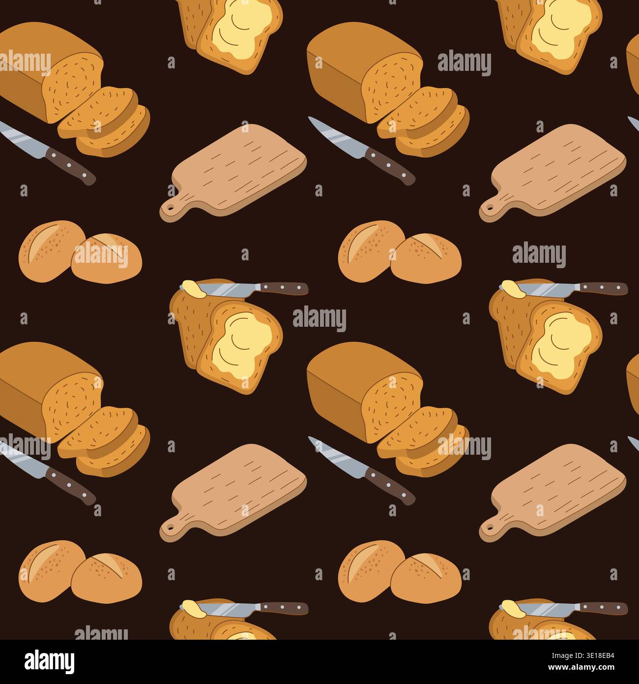 Dark seamless pattern with bread loaf buns and buttered toast vector Stock Vector