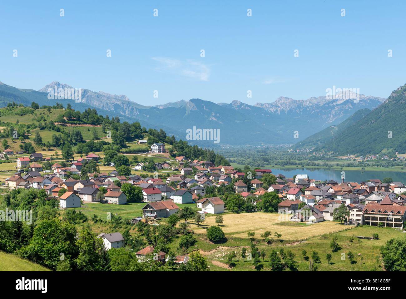 Village Plav at lake Plav in Montenegro Stock Photo