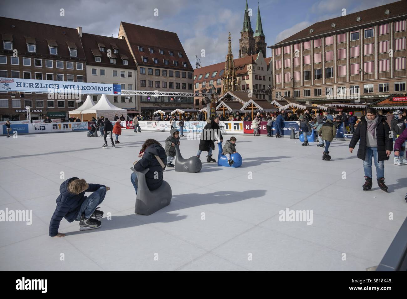 Nuremberg Winter World, a figure rink on the main market from January to March, Nuremberg, Middle Franconia, Bavaria, Germany Stock Photo