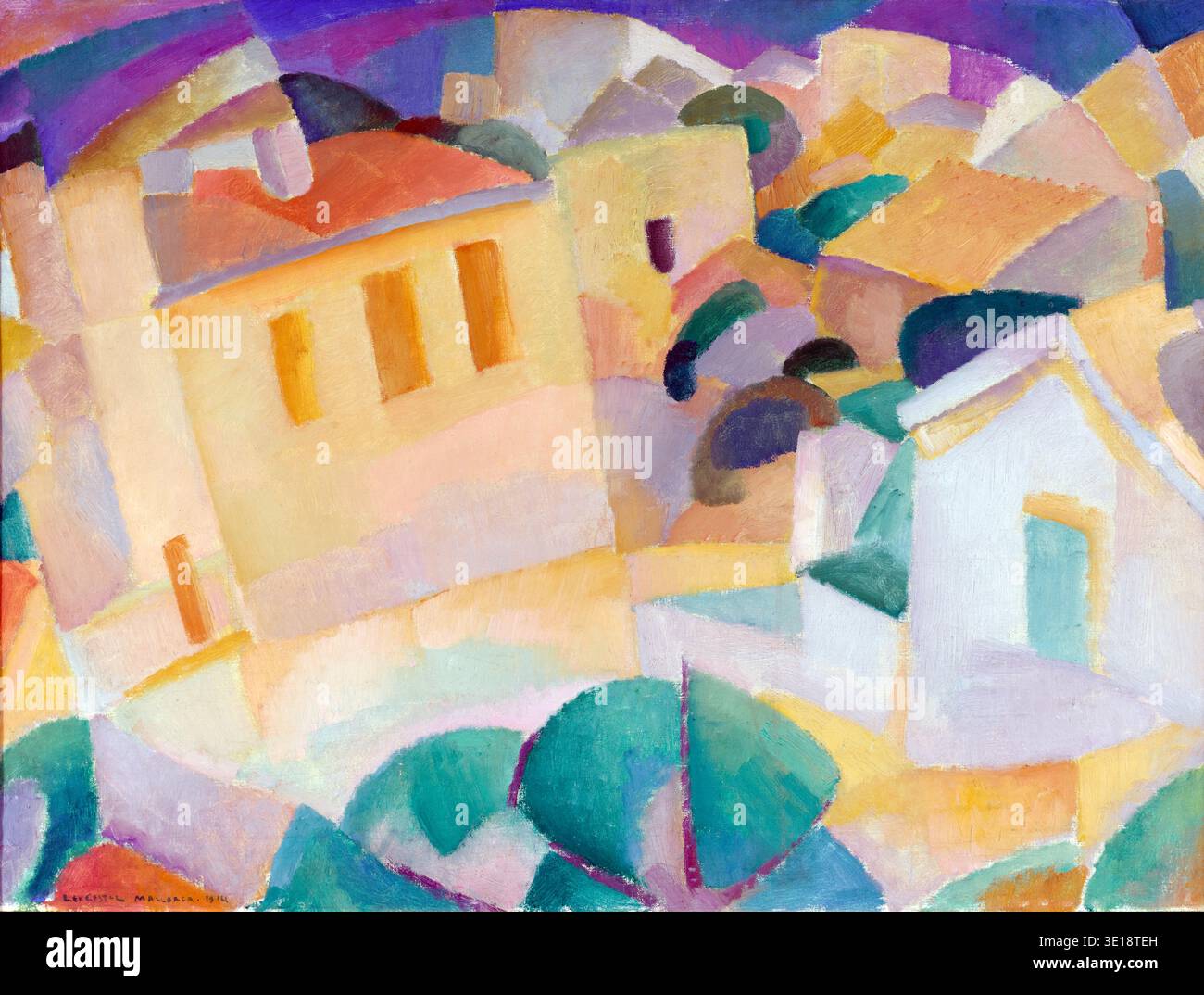 This vibrant oil painting, "Mallorca Terreno" by Leo Gestel from 1913, captures an abstract landscape of buildings and foliage. Gestel, a Dutch modernist painter, renders the scene with cubist and expressionistic influences, using bold colors and geometric forms to convey the rugged beauty of Mallorca. Stock Photo