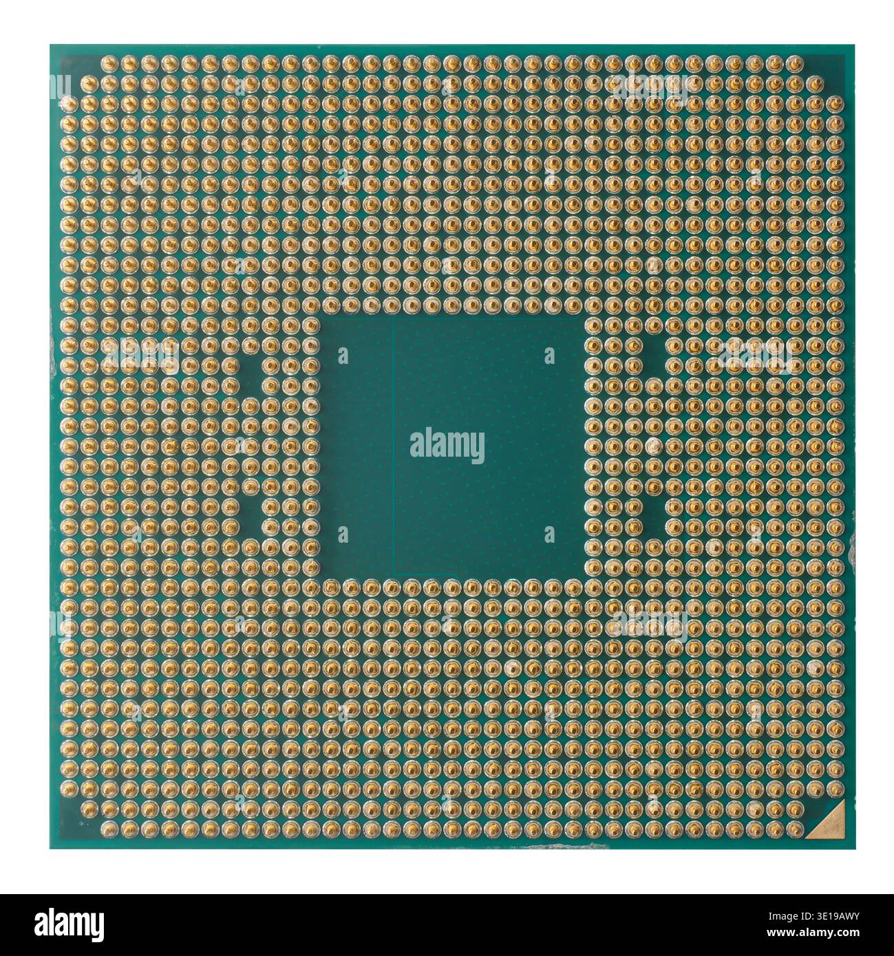 computer cpu with green board and gold pins isolated white background, microchip and semiconductor component Stock Photo