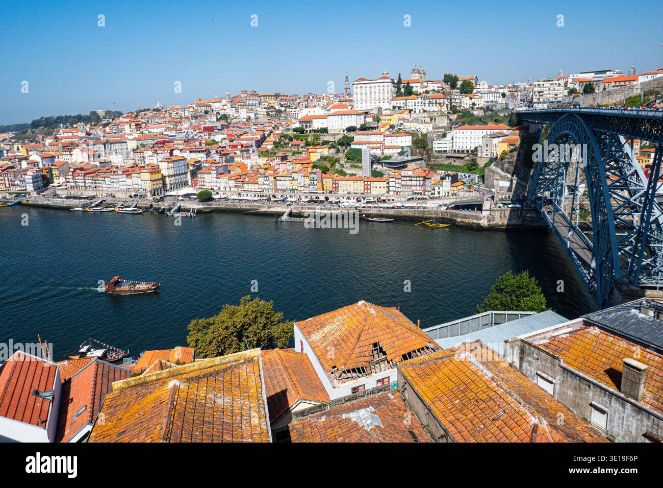 Porto Ribiara Aerial view of Porto Ribeira waterfront and Dom Luís I Bridge over ...