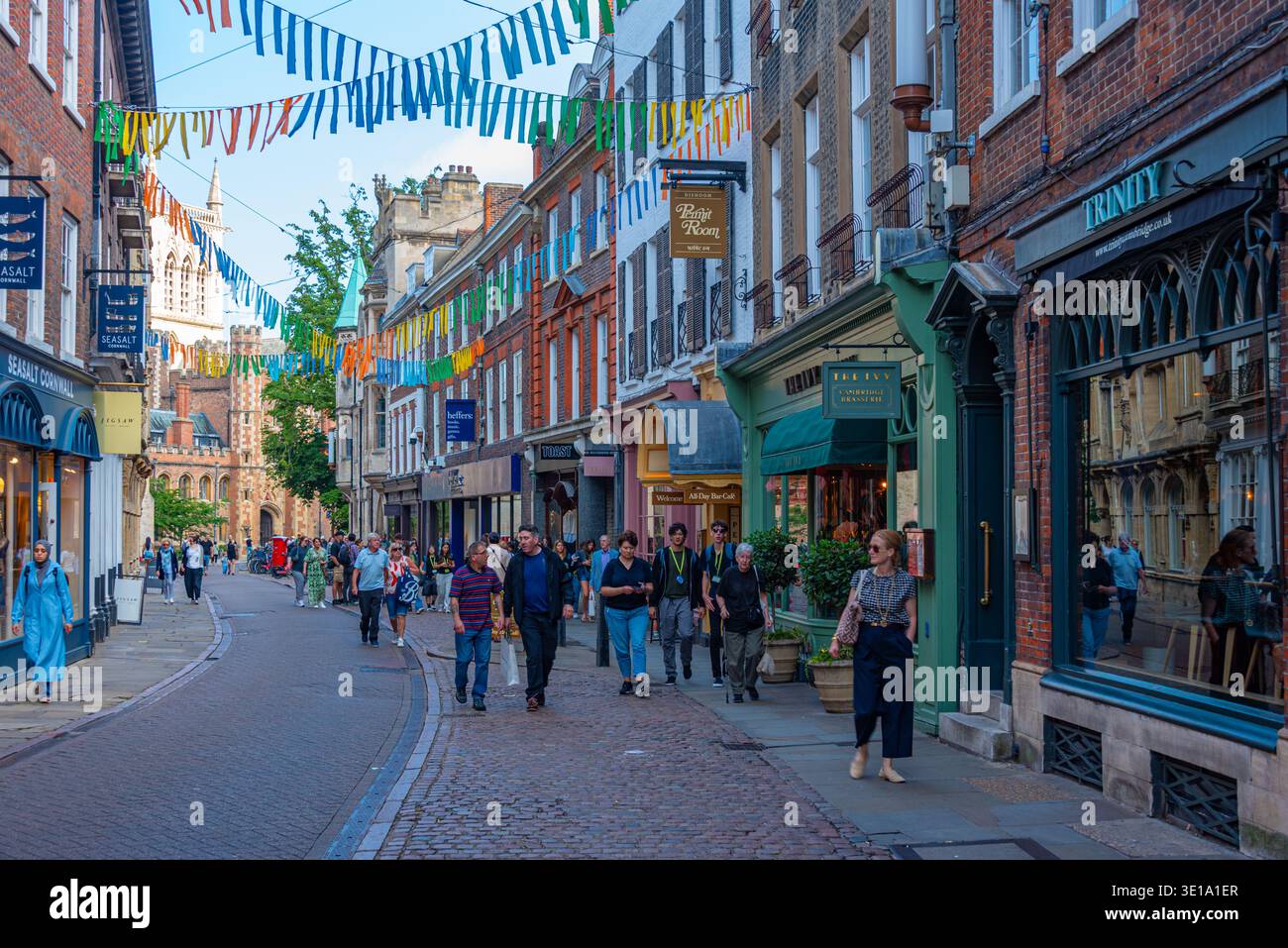 Cambridge, England, July 25, 2025: People are strolling through a street in Cambridge, England.IMAGE Stock Photo