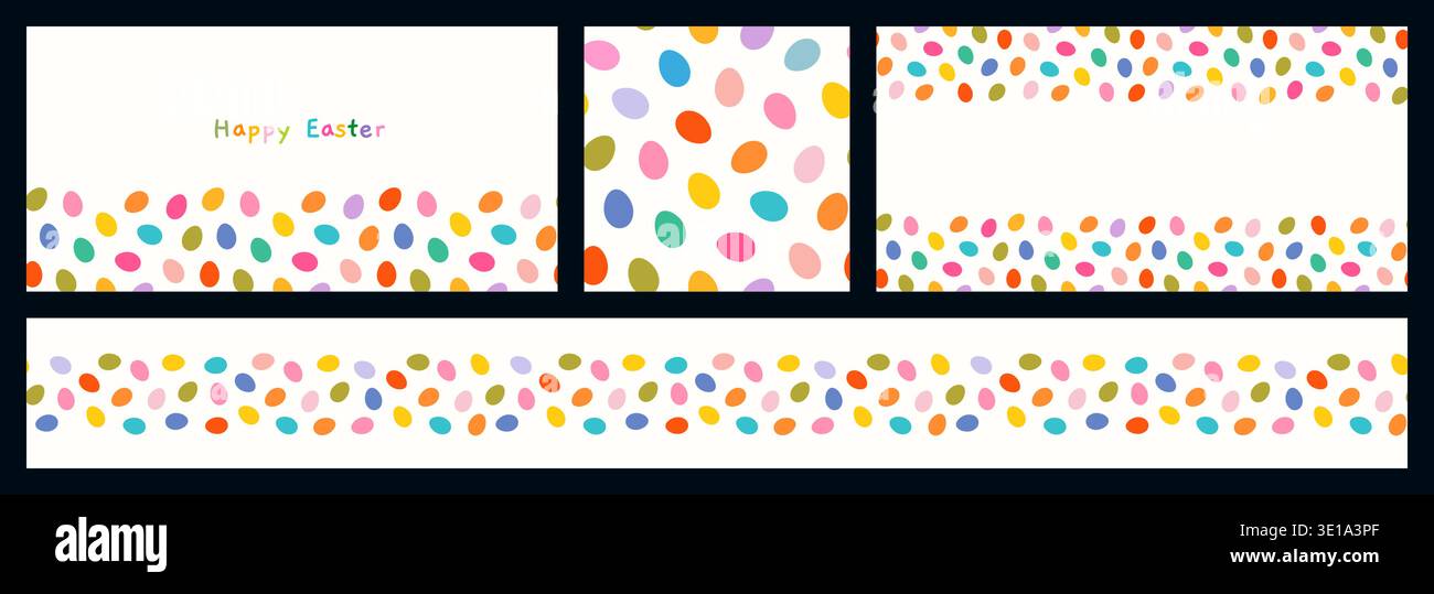 Colorful eggs vector set with seamless pattern, background, border and banner template for Easter graphic designs Stock Vector