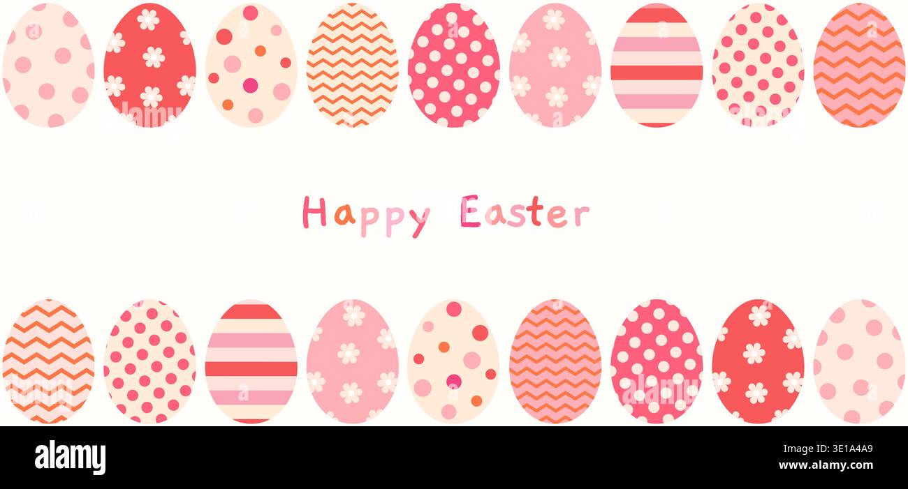 Easter Eggs Horizontal Vector Background with Copy Space, Cute Red and Pink Banner with Painted Eggs with Different Patterns Stock Vector