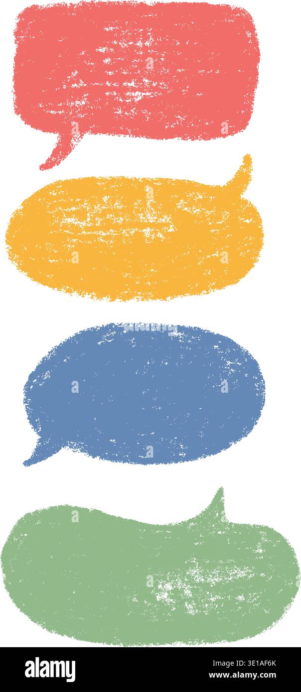 Crayon speech bubble. Color doodle text frames. Hand drawn pastel comic dialog box. Chalk texture speech bubble. Chat balloon. Cloud shape. Vector Stock Vector