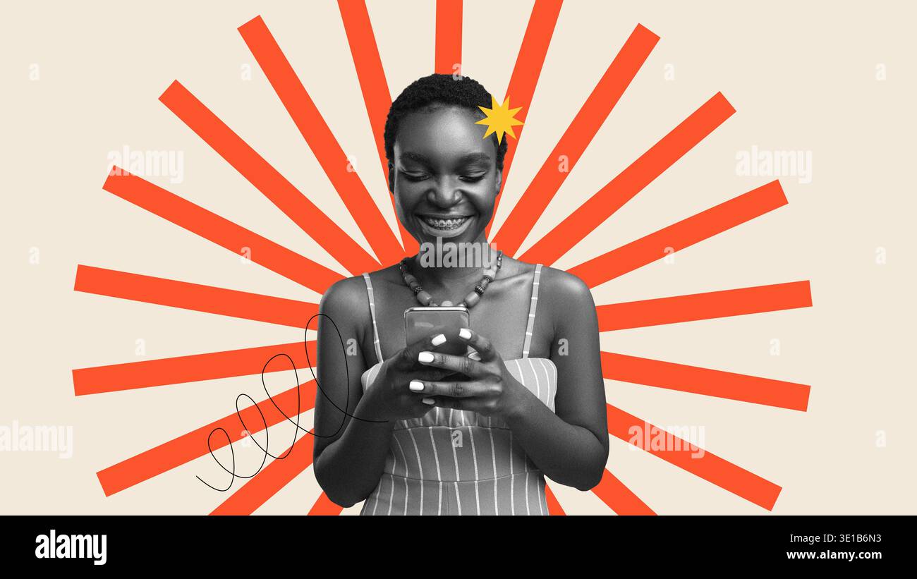 Woman Using Smartphone With Bright Background in a Creative Collage Design Stock Photo