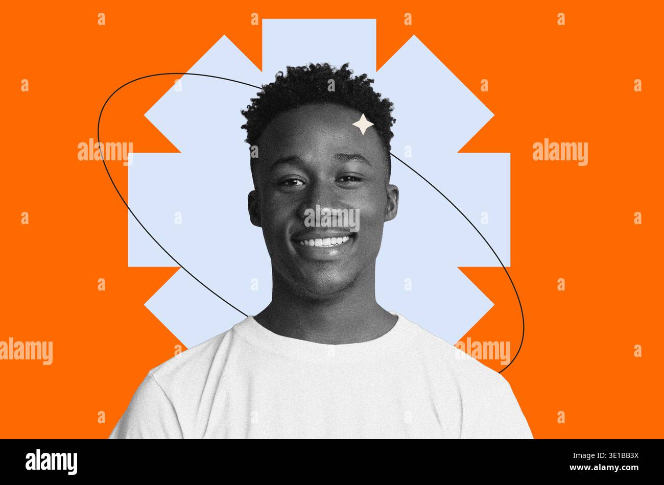 Collage of a Smiling Young Person With Colored Background and Graphic Elements Stock Photo