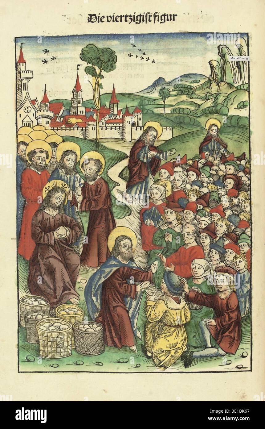 The Bread Wonder, old coloured woodcut by Michael Wolgemut and Anton Koberger from incunabula The Treasure Keeper or Shrine of the True Riches of Salv Stock Photo