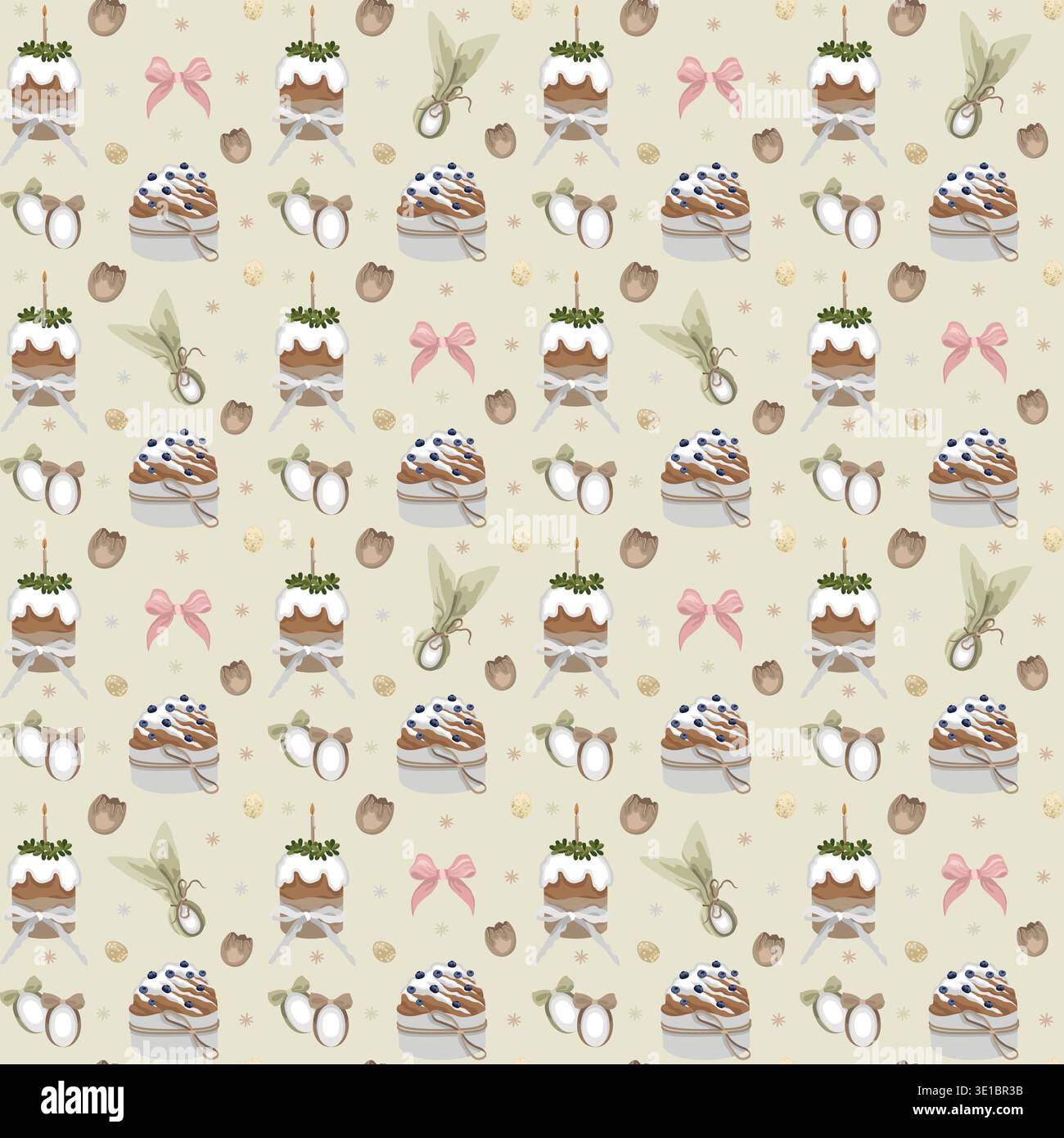 Hand-drawn Easter seamless pattern with cracked eggshell, bow and candle, Easter dyed eggs and cakes, Easter decorative background Stock Vector