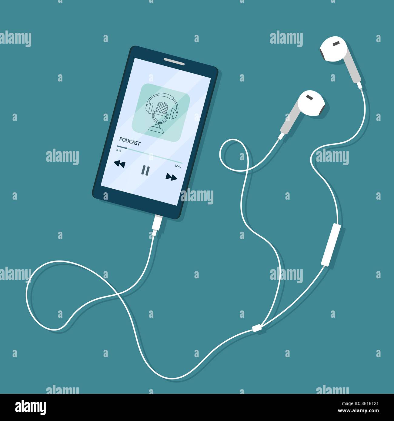 Podcast on mobile phone screen with headset. Vector illustration in flat cartoon style. Stock Vector